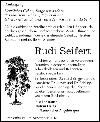 Traueranzeige von Rudi Seifert von WVG - Wochenspiegel Wittenberg