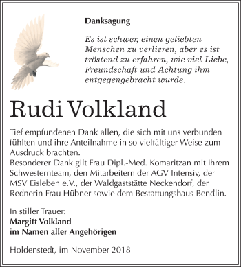 Traueranzeige von Rudi Volkland von Mitteldeutsche Zeitung Sangerhausen