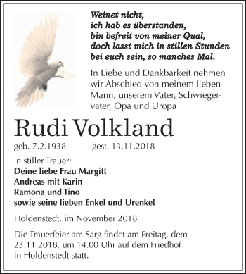 Traueranzeige von Rudi Volkland von Super Sonntag SGH Mansf. Land