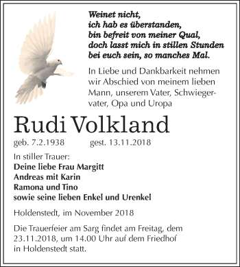 Traueranzeige von Rudi Volkland von Mitteldeutsche Zeitung Sangerhausen