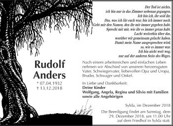 Traueranzeige von Rudolf Anders von Super Sonntag SGH Mansf. Land