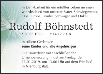 Traueranzeige von Rudolf Böhnstedt von Super Sonntag Bernburg