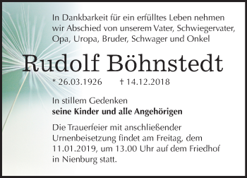 Traueranzeige von Rudolf Böhnstedt von Mitteldeutsche Zeitung Bernburg