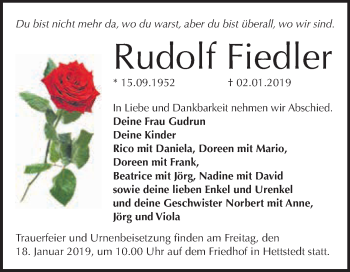 Traueranzeige von Rudolf Fiedler von Super Sonntag SGH Mansf. Land