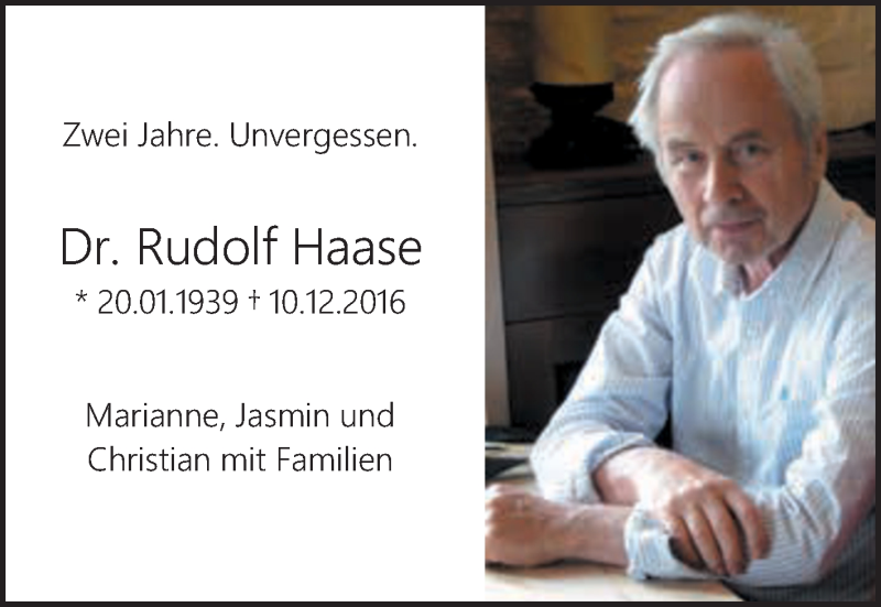  Traueranzeige für Rudolf Haase vom 08.12.2018 aus WVG - Wochenspiegel Dessau / Köthen