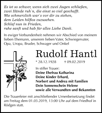 Traueranzeige von Rudolf Hantl von Mitteldeutsche Zeitung Bitterfeld