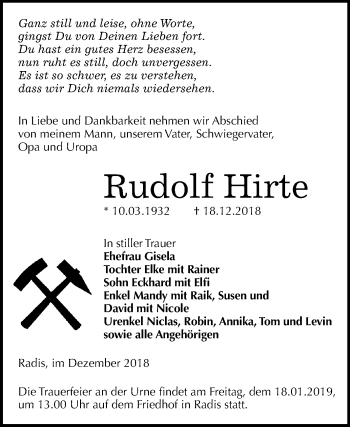 Traueranzeige von Rudolf Hirte von Mitteldeutsche Zeitung Wittenberg