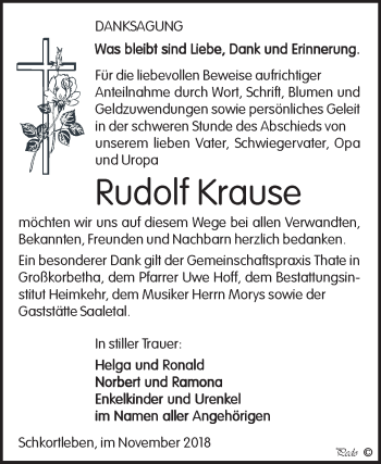 Traueranzeige von Rudolf Krause von WVG - Wochenspiegel NMB / WSF / ZTZ