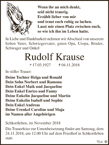 Traueranzeige von Rudolf Krause von WVG - Wochenspiegel NMB / WSF / ZTZ
