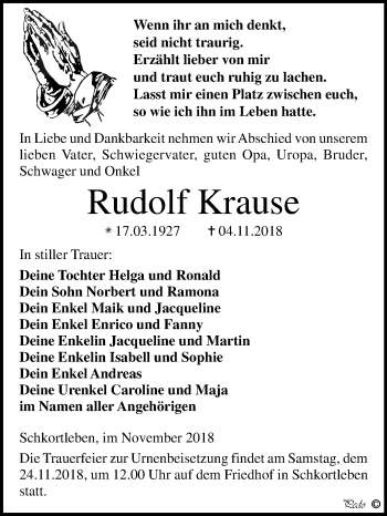 Traueranzeige von Rudolf Krause von Mitteldeutsche Zeitung Weißenfels