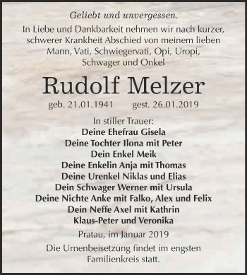 Traueranzeige von Rudolf Melzer von WVG - Wochenspiegel Wittenberg