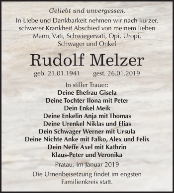 Traueranzeige von Rudolf Melzer von Mitteldeutsche Zeitung