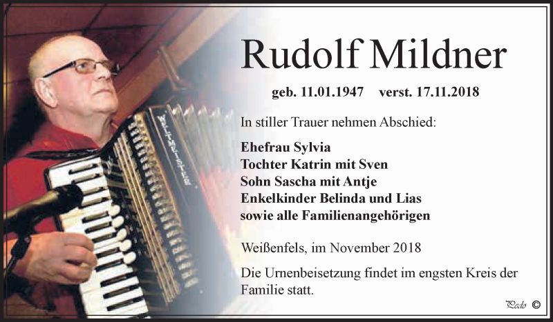  Traueranzeige für Rudolf Mildner vom 05.12.2018 aus WVG - Wochenspiegel NMB / WSF / ZTZ