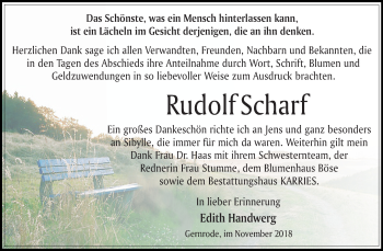Traueranzeige von Rudolf Scharf von Mitteldeutsche Zeitung Quedlinburg