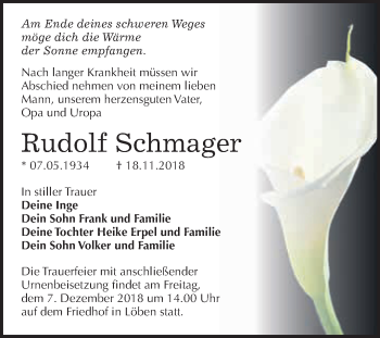 Traueranzeige von Rudolf Schmager von WVG - Wochenspiegel Wittenberg
