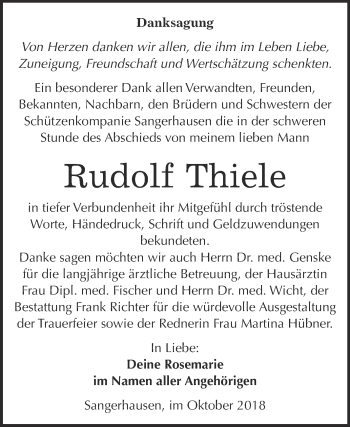Traueranzeige von Rudolf Thiele von Super Sonntag SGH Mansf. Land