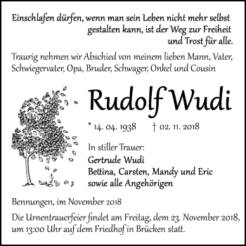 Traueranzeige von Rudolf Wudi von Mitteldeutsche Zeitung Sangerhausen
