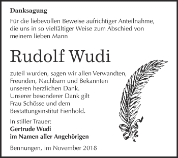 Traueranzeige von Rudolf Wudi von Super Sonntag SGH Mansf. Land