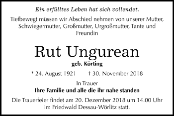 Traueranzeige von Rut Ungurean von Mitteldeutsche Zeitung Dessau-Roßlau