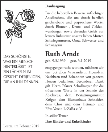 Traueranzeige von Ruth Arndt von Super Sonntag Wittenberg