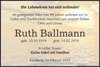 Traueranzeige von Ruth Ballmann von WVG - Wochenspiegel Wittenberg