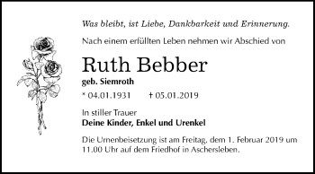 Traueranzeige von Ruth Bebber von Mitteldeutsche Zeitung Aschersleben