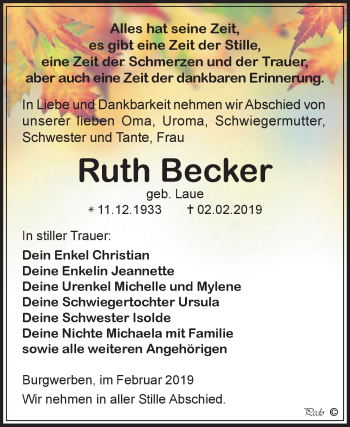 Traueranzeige von Ruth Becker von WVG - Wochenspiegel NMB / WSF / ZTZ