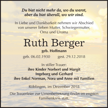 Traueranzeige von Ruth Berger von Mitteldeutsche Zeitung Mansfelder Land