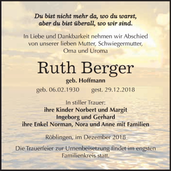 Traueranzeige von Ruth Berger von Super Sonntag SGH Mansf. Land