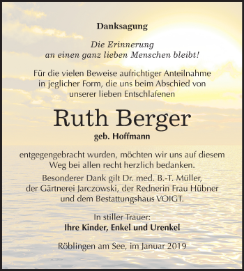 Traueranzeige von Ruth Berger von Mitteldeutsche Zeitung Aschersleben