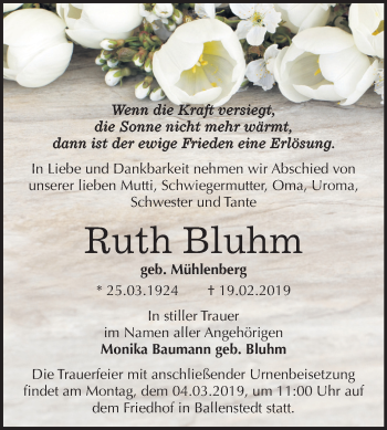 Traueranzeige von Ruth Bluhm von Mitteldeutsche Zeitung Quedlinburg