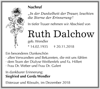 Traueranzeige von Ruth Dalchow von Mitteldeutsche Zeitung Weißenfels