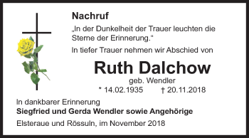Traueranzeige von Ruth Dalchow von Mitteldeutsche Zeitung Zeitz