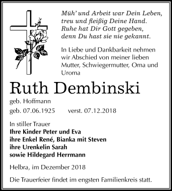 Traueranzeige von Ruth Dembinski von Mitteldeutsche Zeitung Aschersleben