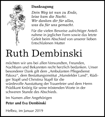 Traueranzeige von Ruth Dembinski von Mitteldeutsche Zeitung Aschersleben