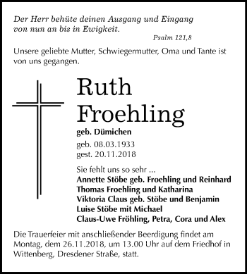 Traueranzeige von Ruth Froehling von Mitteldeutsche Zeitung Wittenberg