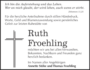 Traueranzeige von Ruth Froehling von WVG - Wochenspiegel Wittenberg