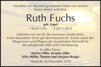 Traueranzeige von Ruth Fuchs von Mitteldeutsche Zeitung Mansfelder Land