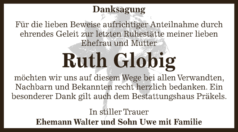  Traueranzeige für Ruth Globig vom 10.11.2018 aus Super Sonntag Zeitz
