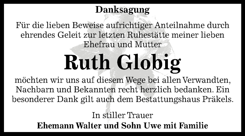  Traueranzeige für Ruth Globig vom 10.11.2018 aus Mitteldeutsche Zeitung Zeitz