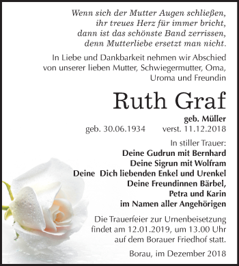 Traueranzeige von Ruth Graf von Mitteldeutsche Zeitung Weißenfels