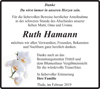 Traueranzeige von Ruth Hamann von Super Sonntag Quedlinburg