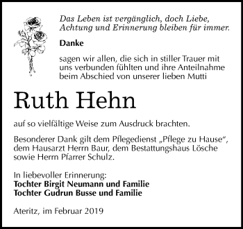 Traueranzeige von Ruth Hehn von WVG - Wochenspiegel Wittenberg