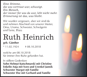 Traueranzeige von Ruth Heinrich von Mitteldeutsche Zeitung Halle/Saalkreis