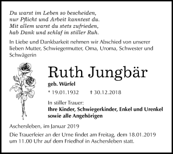 Traueranzeige von Ruth Jungbär von Mitteldeutsche Zeitung Aschersleben