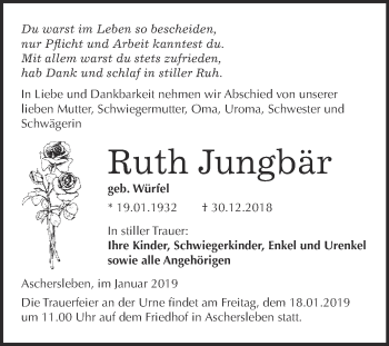 Traueranzeige von Ruth Jungbär von Super Sonntag Aschersleben