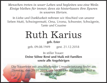 Traueranzeige von Ruth Karius von Super Sonntag Wittenberg