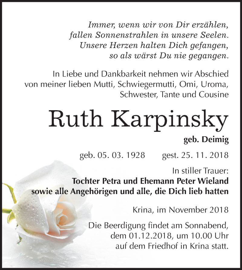  Traueranzeige für Ruth Karpinsky vom 28.11.2018 aus Mitteldeutsche Zeitung Wittenberg
