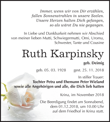Traueranzeige von Ruth Karpinsky von Mitteldeutsche Zeitung Wittenberg