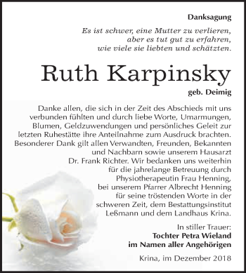 Traueranzeige von Ruth Karpinsky von WVG - Wochenspiegel Bitterfeld